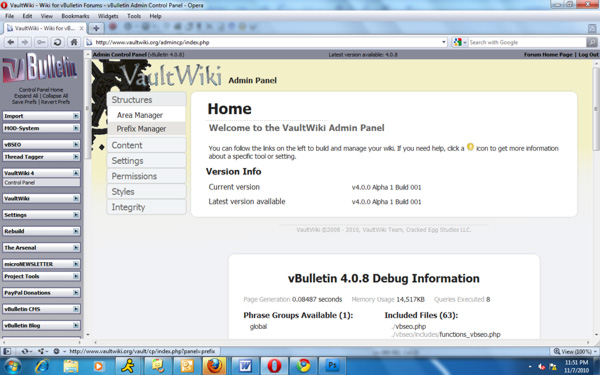 The VaultWiki CP home page prominently shows your current VaultWiki version and if any updates are available.